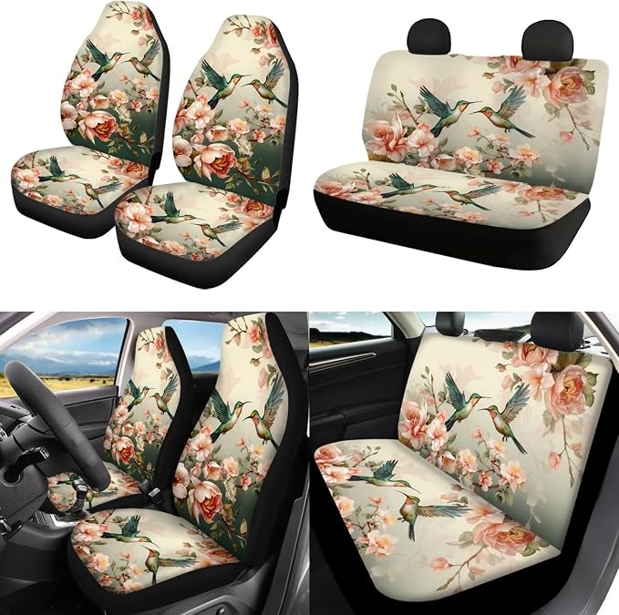 POLERO Floral Hummingbird Seat Covers for Cars for Women Cute Car Accessories Aesthetic Seatbelt Covers Steering Wheel Cover Set 11pcs