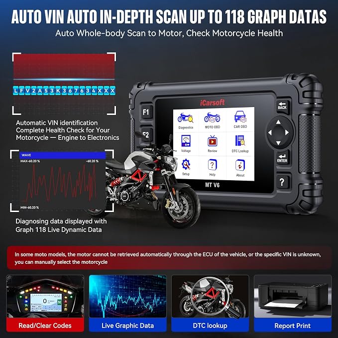 iCarsoft MT V6 Motorcycle OBD2 Scanner for Aprilia, Full-System Motorcycle Bidirectional Diagnostic Tool with 88 Resets & 122 Active Test, Battery Test, 2 in 1 Motor Scan Tool+Car OBD2 Diagnostics