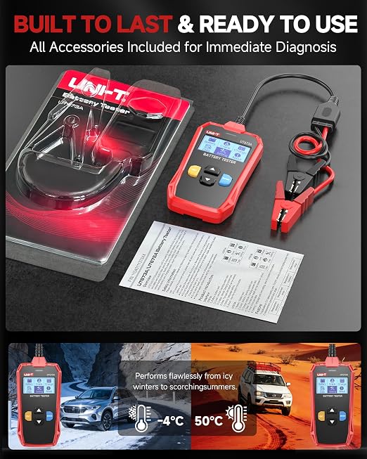 UNI-T UT673A Car Battery Tester - Advanced Conductance Technology, Tests 12V/24V Systems (CCA 40-2000A, 3-250Ah), Battery Health/Life/Charge & Starting System Diagnostics, quickly detect common faults