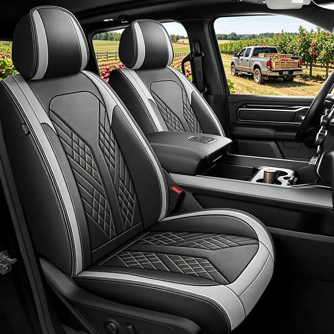 TTX for Dodge RAM 1500 2500 3500 2012-2025 2026 Seat Covers - Waterproof Faux Leather Seat Cushion Cover (Front/Black&Light Grey)