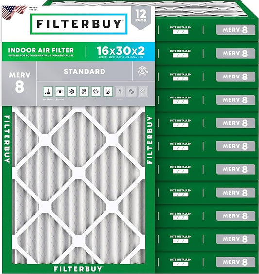 Filterbuy 16x30x2 Air Filter MERV 8 Essential Dust & Allergy Defense (12-Pack), Electrostatic Pleated HVAC AC Furnace Filters Replacement (Actual Size: 15.69 x 29.69 x 1.75)