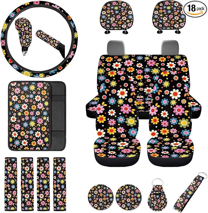 18Pcs Groovy Flower Car Seat Set - Steering, Headrest, Console, Handbrake, Seat Belt, Coaster & Keychain Covers