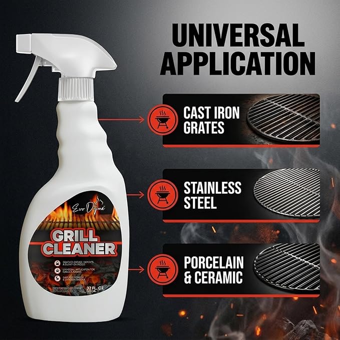 Evo Dyne Grill Cleaner Spray (32 oz), Made in USA - Quickly Cleans BBQ Burnt-on Foods and Grease from Grill Grates - Heavy Duty, Fast-Acting Formula, Less Scrubbing - Food Safe Grill & Oven Degreaser