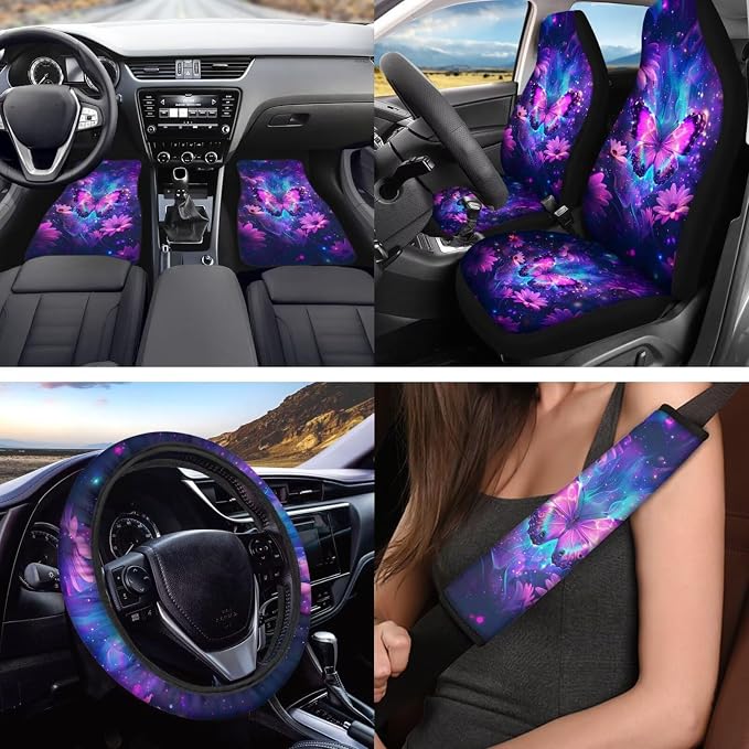 Purple Butterfly Car Accessories Set of 18, Car Seat Cover Full Set with Auto Steering Wheel Cover Floor Mats Armrest Pad Covers Seat Belt Pads Roof Handle Wraps Cup Coaster Keychain