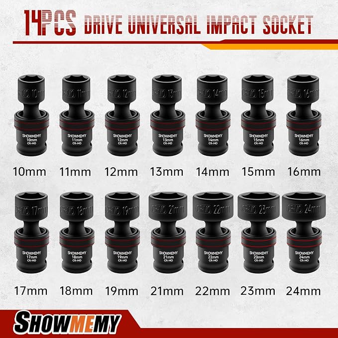 Drive Impact Universal Joint Socket Set, 6 Points, Shallow Swivel Socket Set, Cr-Mo Steel. Flexible Wobble Sockets with 3", 6" Extension Bar, Adapter(Metric 1/2(18 PCS)