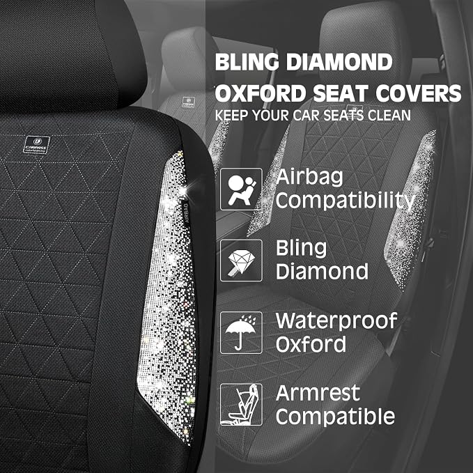 CAR PASS Oxford Bling Diamond Car Seat Covers 2 Front Interior Sets, Waterproof Shining Glitter Sparkly Crystal Universal Armrest Fit 95% Automotive Truck SUV Cute Women Girl, Black Silver Rhinestone