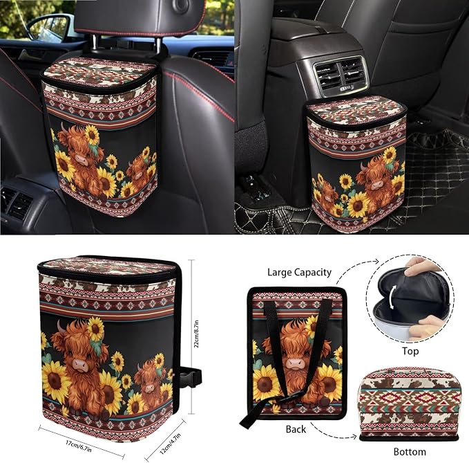 Aztec Tribal Geometric Pattern 15 PCS Interior Decoration for Car, Highland Cattle Sunflower Car Seat Covers Full Set Seat Belt Pads Coasters Car Trash Can Air Vent Storage Bag Keychain