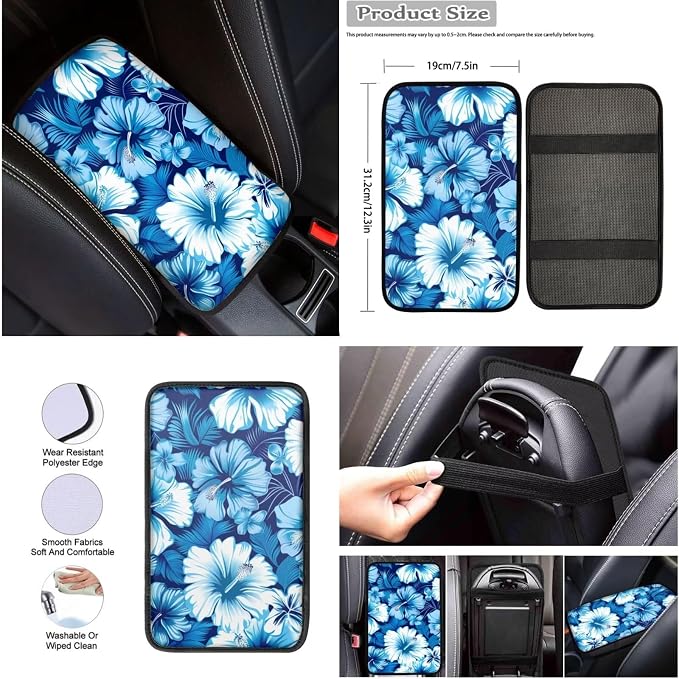 Howilath Blue Hibiscus Flower Car Front Seat Cover 10 Pack Auto Accessories with Center Console Cover+Steering Wheel Cover+Seatbelt Pads+Keychain+Coasters Fit Most Vehicle
