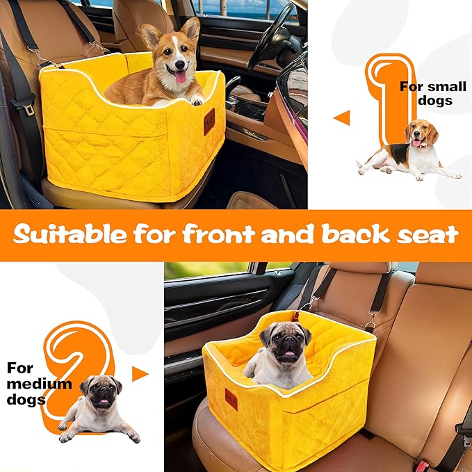 Dog Car Seat for Small Medium Dogs, Detachable Washable Dogs Booster Seat Under 35lbs, Elevated Dog Car Bed with Storage Pockets (Yellow, One Size)