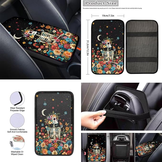 Howilath Hippie Flower Skull Auto Front Seats Protector Auto Accessories with Center Console Cover+Steering Wheel Cover+Seatbelt Pads+Keychain+Coasters Set of 10 Fit Most Vehicle