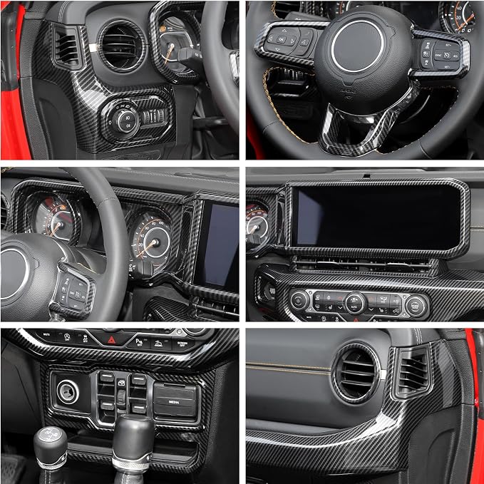 Jimen Fit for Jeep Wrangler JL JLU Gladiator JT 2024-2025, 15PCS Carbon Fiber Interior Kits - Dashboard Navigation Screen Trim, Dash Air Vent Ring, Window Button Panel, Headlight Switch Frame