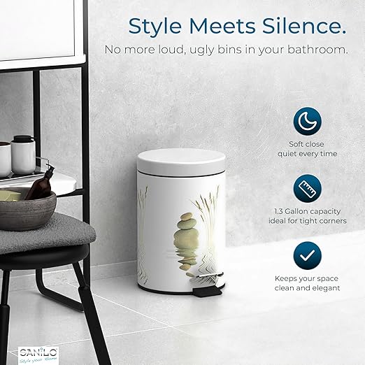 Sanilo Small Bathroom Trash Can with Lid [1.3 Gallon] - Lidded Tiny Trashcan for Garbage - Mini Metal Bin with Soft Closing Mechanism - Bath Room Accessoire Wastebin with Inner Bucket (Balance)