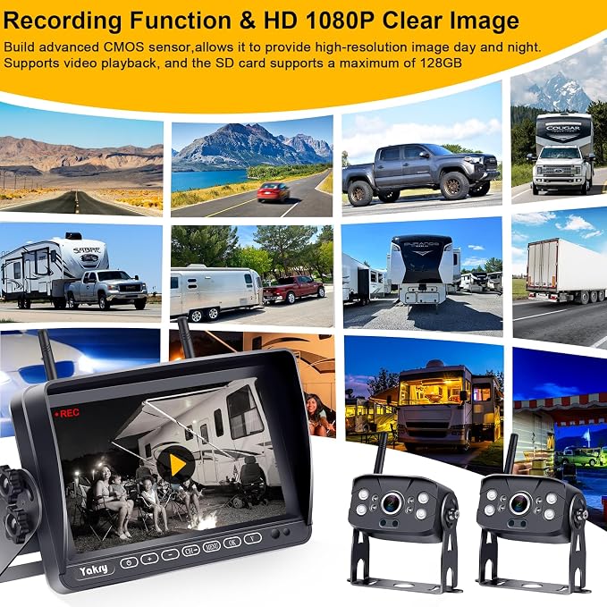 RV Backup Camera Wireless Recording 2 Cameras - Plug and Play Pre-Wired for Furrion System Night Vision 4 Channels HD 1080P 7'' Touch Key Monitor Rear View Camera for Trailer/Trucks/Camper Yakry Y28