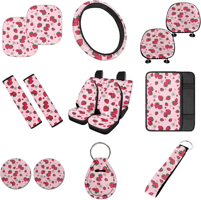 Pink Strawberry Car Seat Cover Sets with Steering Wheel Cover,Car Sun Shade,Seat Belt Covers Cup Holder with Keychain,Fruit Car Accessoires Universal Fit Most Cars SUV Trucks,16 Pack