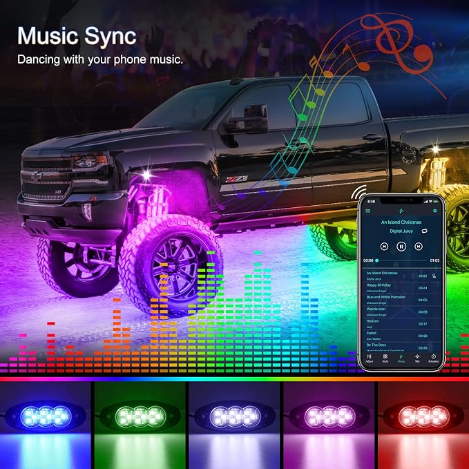 12 Pods LED Multi Chasing Color Rock Lights, APP/RF Control Waterproof Underglow Music Mode Off Road Exterior Kit with Brake Turn Signal for Trucks Jeep ATV UTV RV Boats