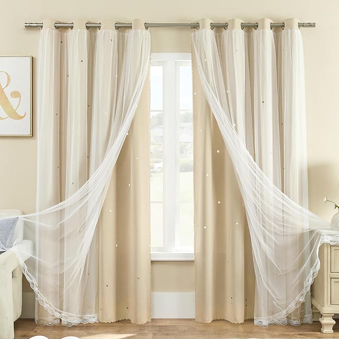 XiDi Biege Blackout Curtains 90 Inches Long for Bedroom Living Room 2 Panels Double Layer Curtains with Sheer Overlay Star Cut Out Wall Home Kid Girl Decor Thermal Grommet Window Drapes W52 X L90