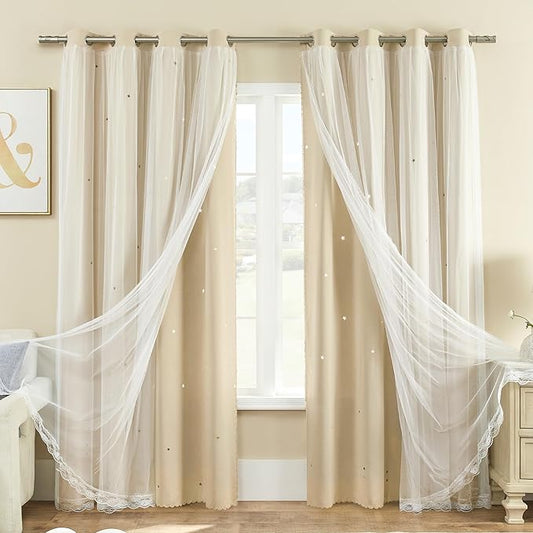 XiDi Biege Blackout Curtains 90 Inches Long for Bedroom Living Room 2 Panels Double Layer Curtains with Sheer Overlay Star Cut Out Wall Home Kid Girl Decor Thermal Grommet Window Drapes W52 X L90