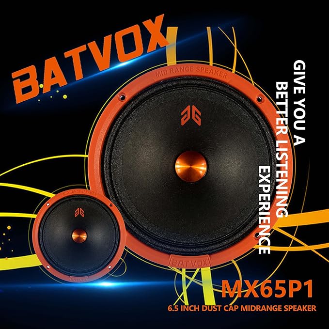 MX65P1 Loudspeaker 6.5 Inch Midrange 200 Watts 4 Ohms Orange Dust Cap, Premium Quality Audio Door Speakers for Car or Truck Stereo Sound System, Orange (2 Speakers)