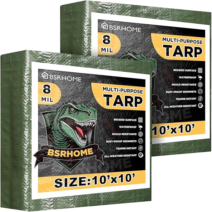 Tarps Waterproof 10x10 Feet, 2 Pack Heavy Duty Green Tarp Cover 8 Mil Thick, Resistant Plastic Tarpaulin with Metal Grommets, Outdoor Tent Cover for Emergency Rain