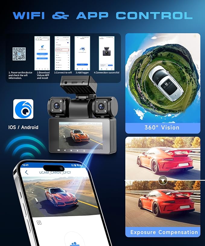 4 Channel 360° Dash Cam, 2K Front 1080P Rear Left Right, 3" IPS Screen, 5G WiFi APP Control, 8 IR Night Vision, G-Sensor, Loop Recording, 24/7 Parking Monitoring for Cars, Trucks, SUVs