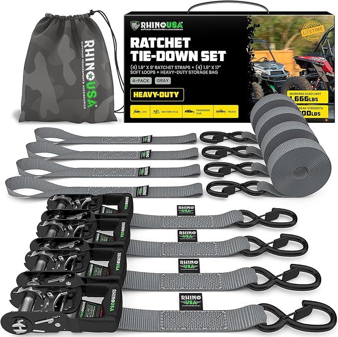 Rhino USA Ratchet Straps Heavy Duty Kit (4-Pack) - 1.6 Inch x 8 Feet Min Break Strength (5,000) - Ultimate Tie Down Straps with Safety S Hooks for Trucks, ATV, UTV, Motorcycle, Cargo & More - Gray