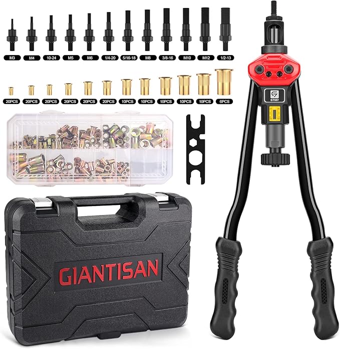 GIANTISAN Rivet Nut Tool Kit,16-Inch Rivnut Tool Kit with 12 Metric and SAE Mandrels, 176Pcs Rivet nut Assortment Kit, Designed for Labour Saving, Ideal for Automotive, Home and DIY Projects