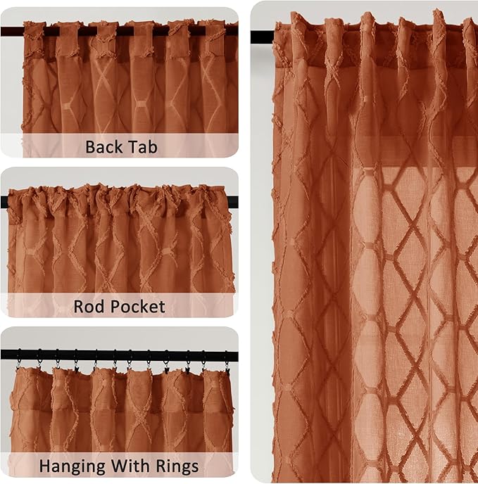 Extra Long Terracotta Sheer Curtains 102 Inch Length for Living Room Semi Sheer Privacy Drapes 2 Panels Set Back Tab Western Decor Boho Rust Colored Curtain for Bedroom Bay Window Vintage 52x102