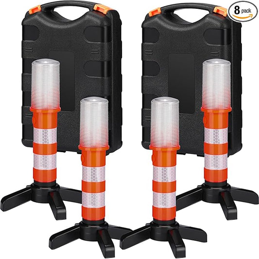 Leumoi 8 Pack Road Flares Emergency Kit LED Roadside Warning Lights Bright Red Highway Flares Lights for Vehicles Road Safety Strobe with Magnetic Bases Detachable Stands Storage for Car Truck