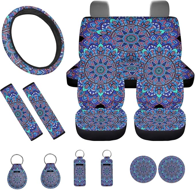 INSTANTARTS Boho Mandala Style Car Accessories Full Set of 13 Front Rear Seat Covers with Keychain Lipstick Holder Coasters Steering Wheel Cover Seat Belt Cover