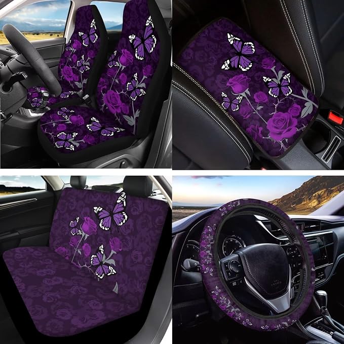 Butterfly Rose Printed Auto Seat Protector Full Set of 15 Car Accessories Set Non Slip Car Steering Wheel Covers Armrest Pad Shoulder Strap Protector, Purple
