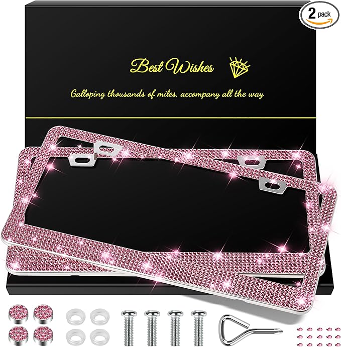 QUANQIUFEI 2 Pack Bling License Plate Frames for Women, Sparkly Rhinestone Diamond Car Accessories with Glitter Crystal Caps (Dark Pink)