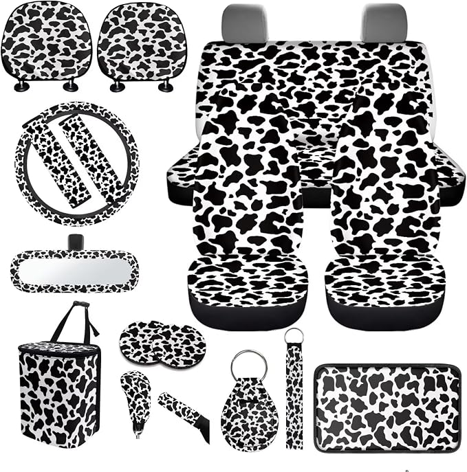 Cow Print Car Seat Covers Full Sets Universal Car Interior Accessories Sets with Cow Print Steering Wheel Car Covers Washable Car Headrest Covers Hanging Car Trash Can Belt Pads,Universal Fit
