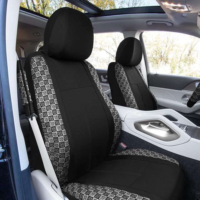 We Are Young Life is Fun™ Checker Car Seat Covers Universal Fit Interior Accessories Full Set Black Seat Cover Combo Steering Wheel Cover and Seat Belt Pads, Airbag and Split Rear Car Seat Covers