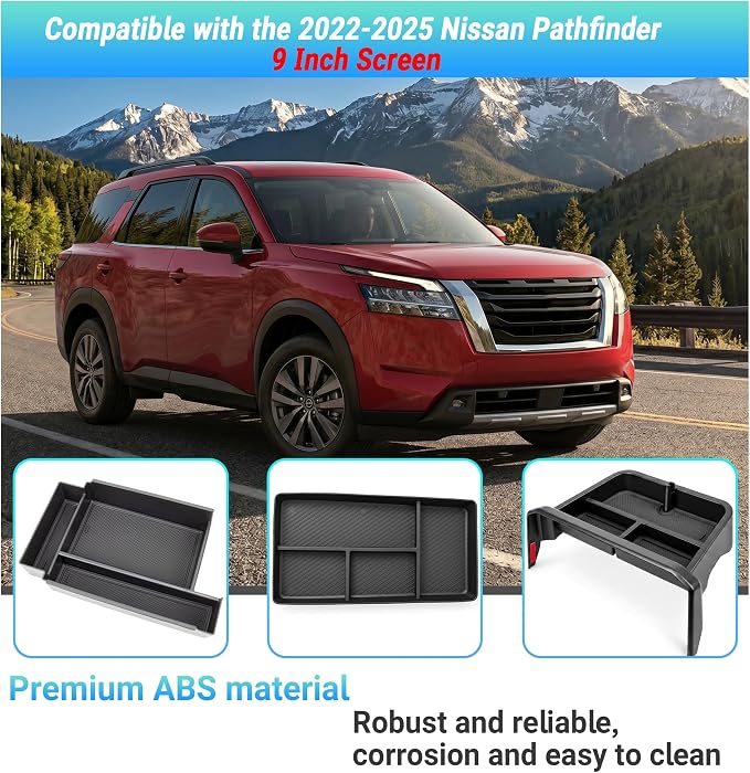 Center Console Organizer Compatible with 2022-2025 Nissan Pathfinder Accessories, 3PCS Middle Armrest Insert Tray＆Console Bottom Storage Box＆Dashboard Organizer Box, Fits 9-inch Screen