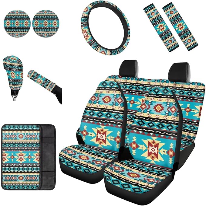 Dreaweet Navajo Seat Covers for Cars Full Set Native American Tribal Geometric Turquoise Seat Cover with Steering Wheel Cover/Center Console Cover/Seatbelt Covers/Coasters/Gear Shift Cover,12 Pcs