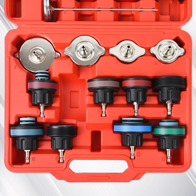 14pcs Automotive Cooling System Tester Radiator Pump Pressure Leak Tester Gauge Tool Kit,Coolant Pressure Tester Kit with Aluminum Hand Pump and Adapters