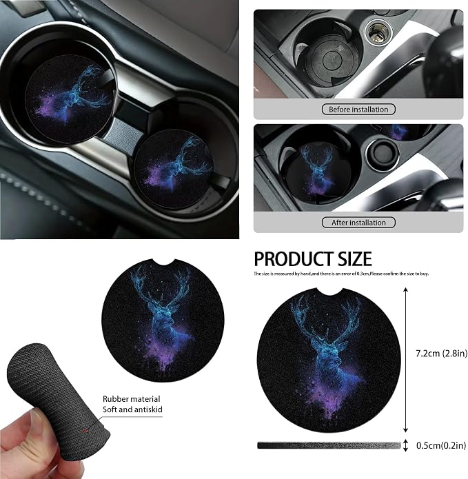 Galaxy Deer Print Car Accessories Full Set of 15 Car Seat Covers Seatbelt Strap Covers Steering Wheel Cover Air Vent Storage Bag Rearview Mirror Cover Cup Holder Key Chain Car Decor