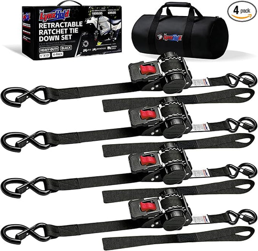 Retractable Ratchet Straps1In x 13Ft - Heavy Duty Auto Slow Retraction Tie Down Straps - 1,800lb Break Strength Self Retracting for Truck, Cargo Trailer, Motorcycle, ATV, UTV - Black, 4Pack