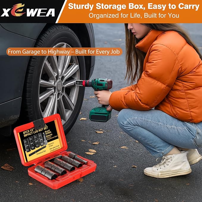 6PCS Thin Wall Lug Nut Impact Socket Set, XEWEA 1/2" Drive Impact Flip Socket Set, 8 in 1 Dual End Wheel Tire Nut Sockets Metric 17 19 21 22 mm & SAE 3/4" 13/16" 7/8" 15/16", Impact CR-MO Tool