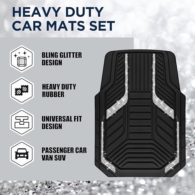 PIC AUTO Car Floor Mats, Silver Sparkly Crystal Bling Glitter Car Mats Set, Front and Rear Heavy Duty Rubber Car Mats with Anti-Slip Backing, All Weather, Trim-to-Fit for SUVs, Trucks, Sedan, Vans