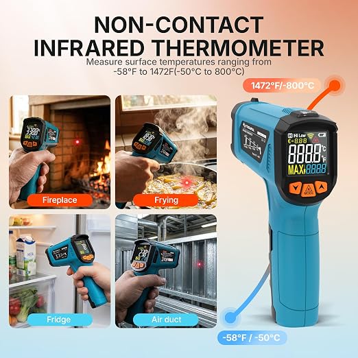 Tilswall Infrared Thermometer, -58°F to 1472°F(-50~800°C), Non-Contact Digital Laser Thermometer with Probe, Adjustable Emissivity, High/Low Temp Alarm, for Cooking/BBQ/Freezer(NOT for Human)-W300