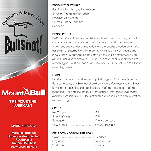 BullSnot! MountABull Tire Mounting Lubricant – Non-Staining Aerosol Spray for Quick Tire Mounting, Bead Protection, Rust & Corrosion Resistance – 11oz