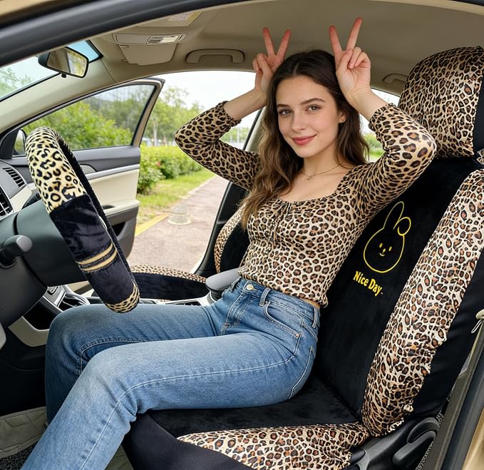Cute Leopard Print Car Seat Covers For Women, Universal Full Set (Bunny) | Lovely Embroidered Cartoon Design For Daily Driving, Universal Fit For Most Cars, Soft Short Flannel With Stretch Backing