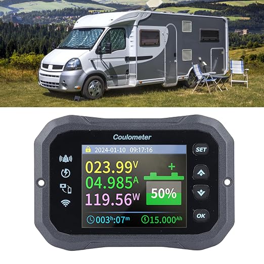 Aramox Battery Monitor with Shunt Coulometer Wi Fi, Voltage Monitor Current Tester for Capacity Indicator 10-100V 0-50A, Global Remote Monitoring, Wide Battery Compatibility