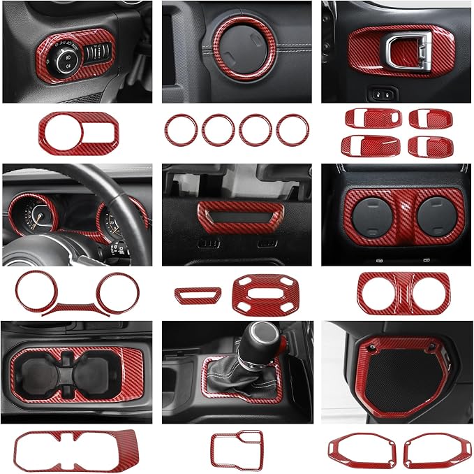 23PCS Full Set Interior Decor Trim Kits Fit for 2018-2023 Jeep Wrangler JL JLU & Gladiator JT 4Door Dashboard Cup Holder Headlight Switch Gear Shift Roof Speaker Map Light Inner Door Bowl Trim