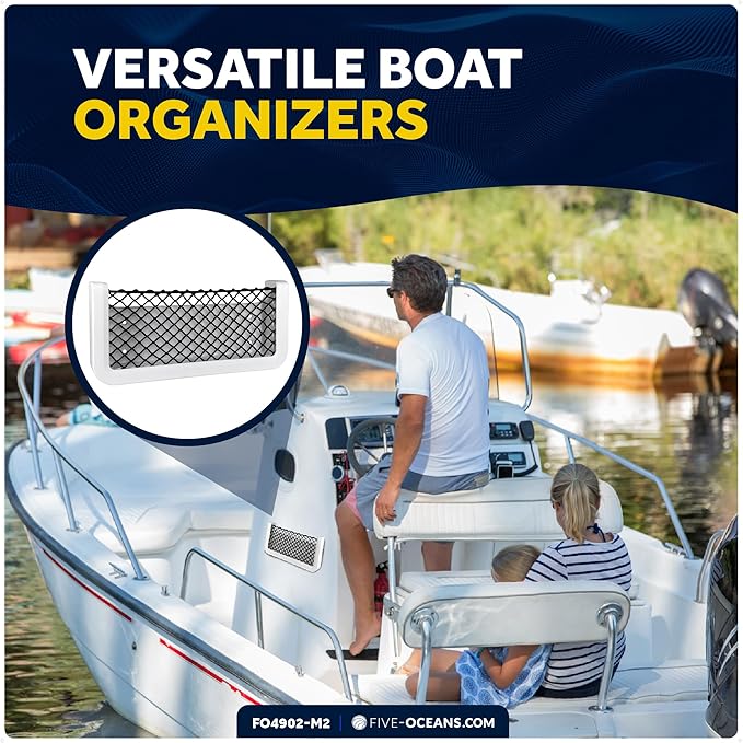 Five Oceans 2-Pack Boat Storage Net, White Frame, Black Elastic Netting, 9-7/8" x 4-1/2", Ideal Storage Net for Boat Organizer, Car, Rvs - FO4902-M2
