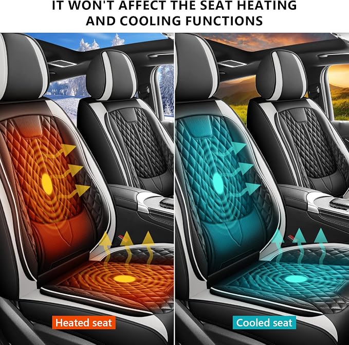 otoez Leather Car Seat Covers Full Set, Breathable Waterproof Nappa Leather Front Rear Car Seat Protectors with Lumbar Support, Universal Automotive Seat Covers for Cars SUV Truck Sedan (Black+White)