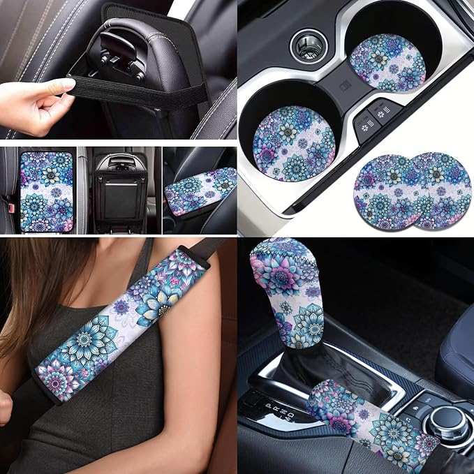 BIGCARJOB Purple Lotus Car Seat Cover Full Set 12 Pieces Hippie Lotus Steering Wheel Cover,Car Handbrake Cover,Gear Shift Cover for Womens Girls Cute Car Interior Accessories Boho Lotus Printed