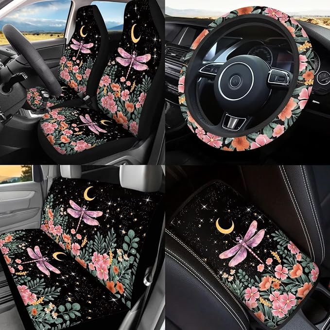 17 Pack Dragonfly Car Seat Covers Full Sets for Women,Starry Sky Dragonfly Car Interior Aaccessories with Pink Head Rest Covers,Steering Wheel Cover,Seat Belt Cover Pad,Armrest Pad,Cup Mats