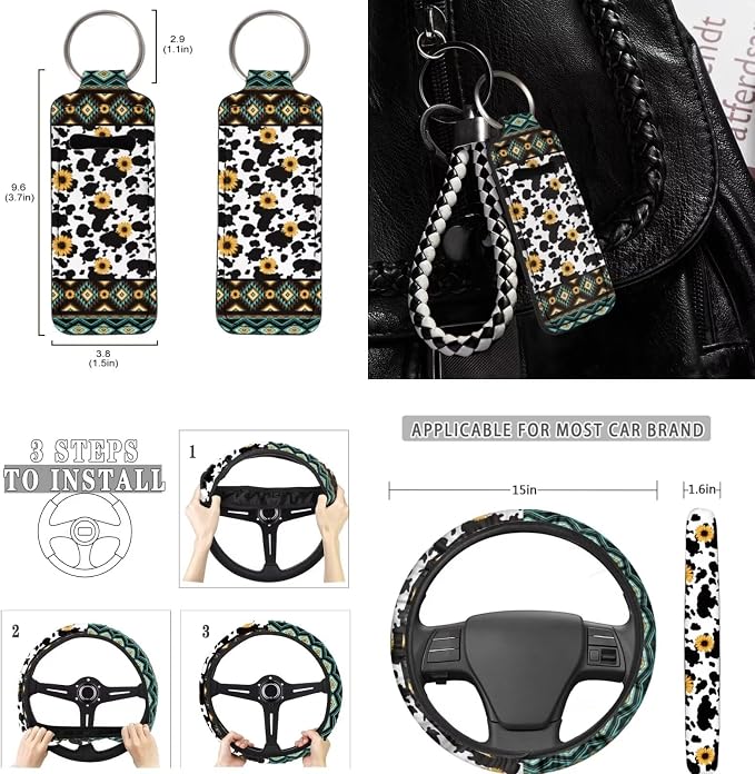 Aztec Cow Geometric Seat Covers for Car,11Pack Cow Auto Seat Covers for Front Back,Universal Fit Most Vehicle Truck SUV,Auto Steering Wheel Cover Seatbelt Pads Keychain Cup Holder Coasters